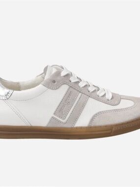 Paul Green White and Light Gray Leather Sneaker with Silver Heel Trim & Gum Sole